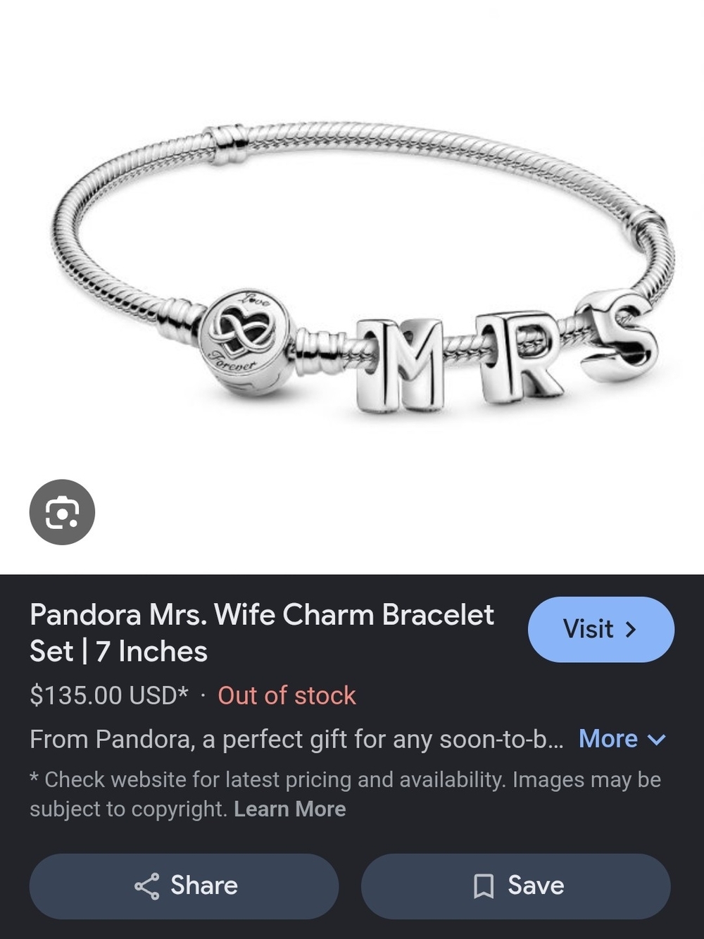 Pandora Silver 'MRS' Letter Charm Bracelet - Silver